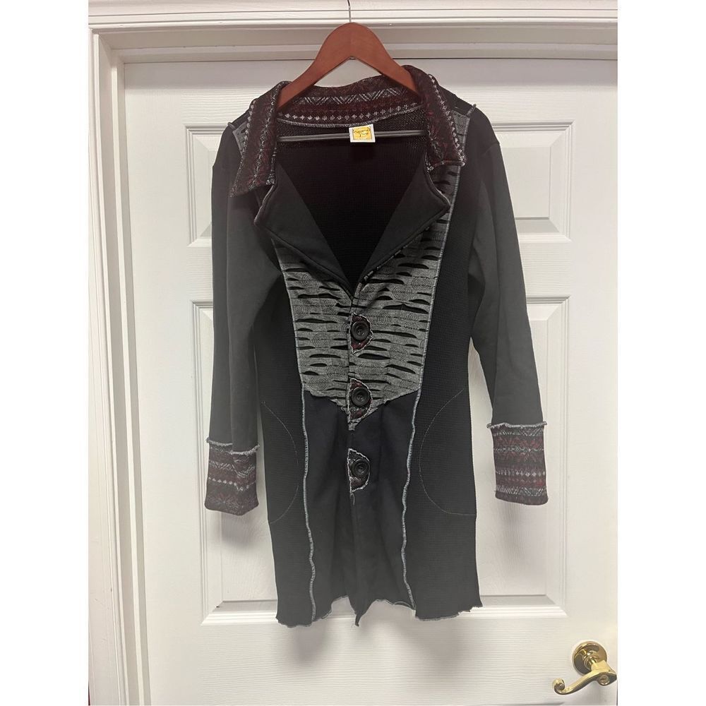 Hand Jive Art To Wear Black Mixed Media Cardigan Sweater sz M Handmade Lagenlook